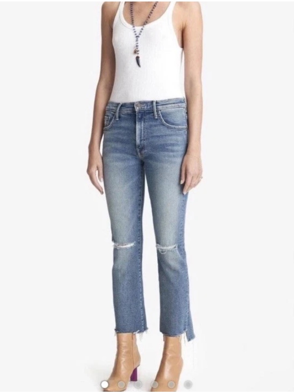 MOTHER The Hustler Ankle Fray Jeans in Medium Blue Distressed Denim Size 27